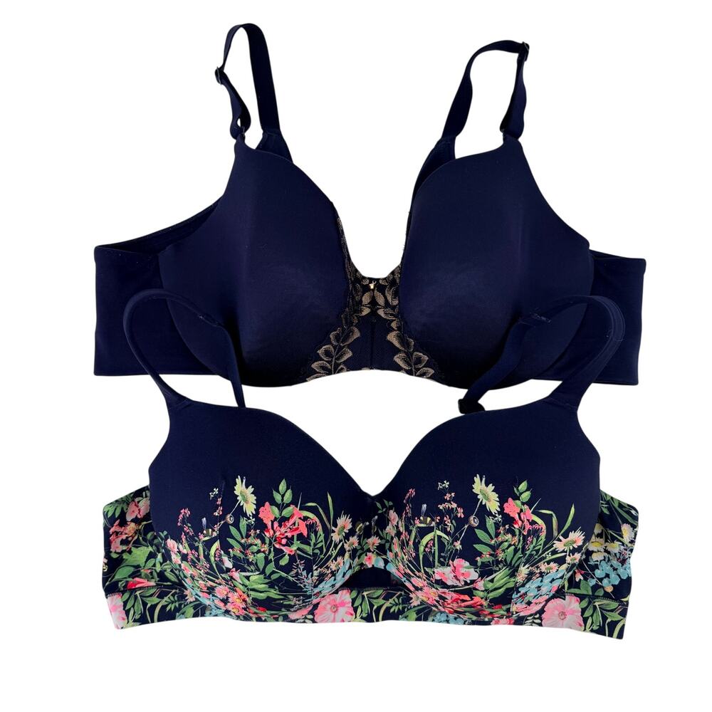 Cacique Size 44DD Bra Lot 2 Navy Blue Floral Lace Lightly Lined Underwire